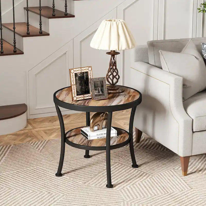 Rustic Round End Table with Storage Shelf for Living Room