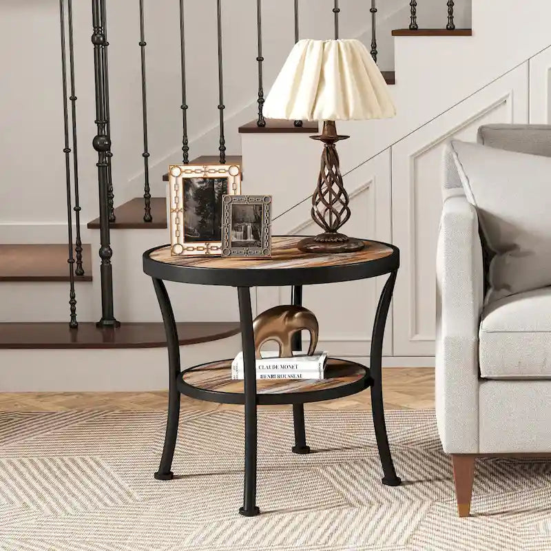 Rustic Round End Table with Storage Shelf for Living Room