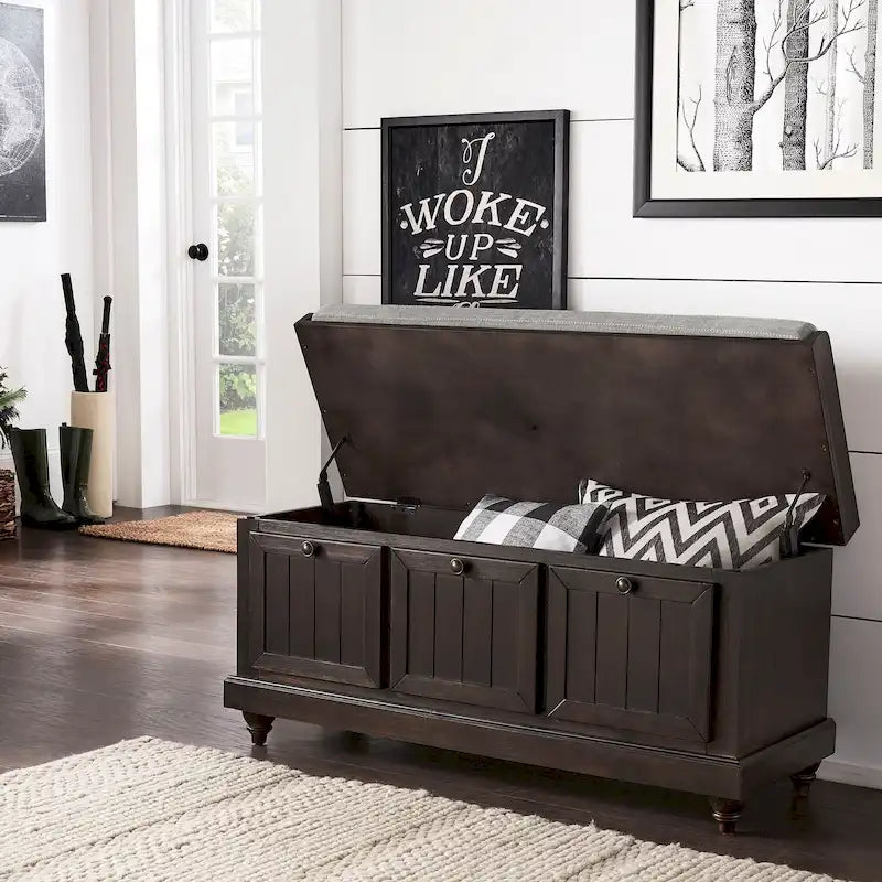 Rustic Storage Bench with Linen-Like Seat Cushion