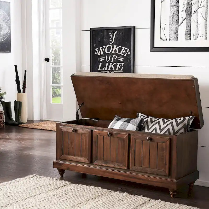Rustic Storage Bench with Linen-Like Seat Cushion