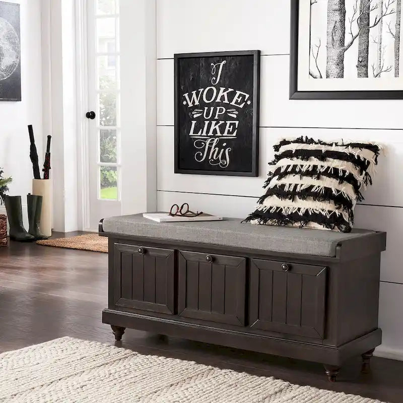 Rustic Storage Bench with Linen-Like Seat Cushion
