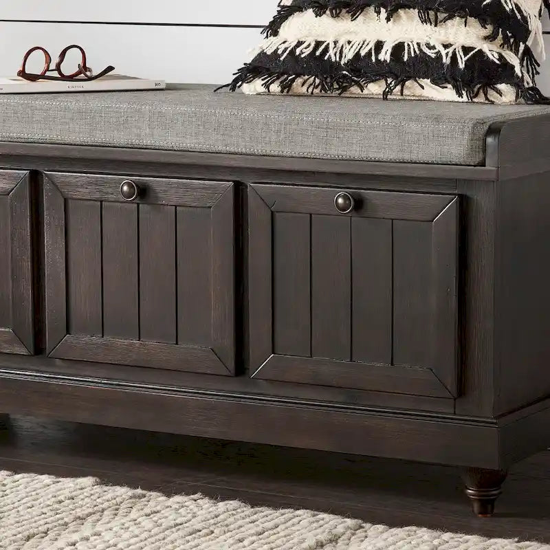 Rustic Storage Bench with Linen-Like Seat Cushion