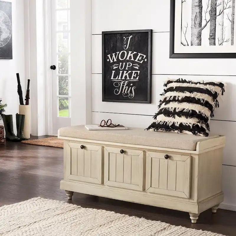 Rustic Storage Bench with Linen-Like Seat Cushion