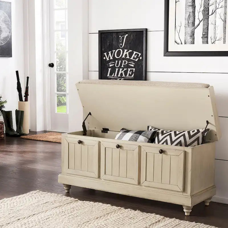 Rustic Storage Bench with Linen-Like Seat Cushion