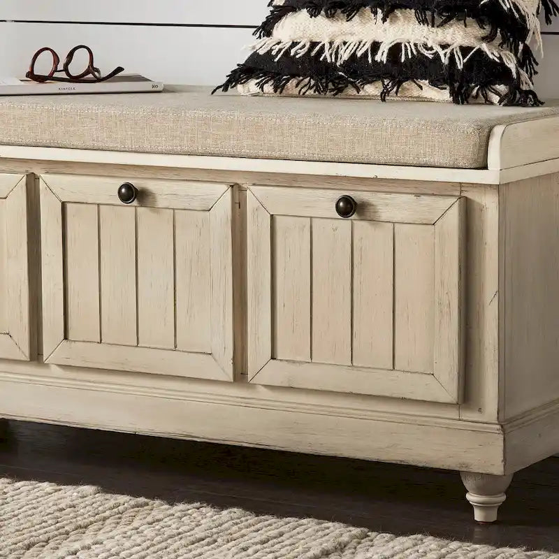Rustic Storage Bench with Linen-Like Seat Cushion