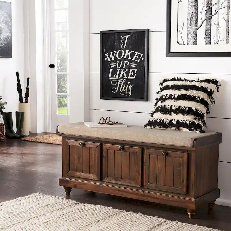 Rustic Storage Bench with Linen-Like Seat Cushion
