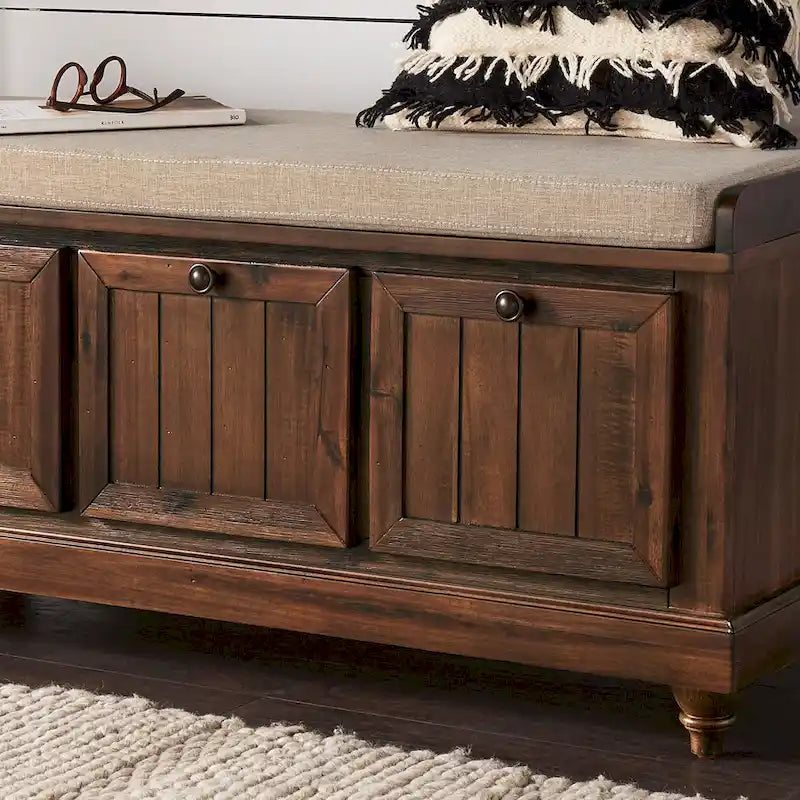 Rustic Storage Bench with Linen-Like Seat Cushion