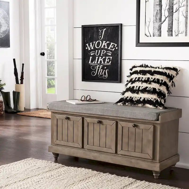 Rustic Storage Bench with Linen-Like Seat Cushion