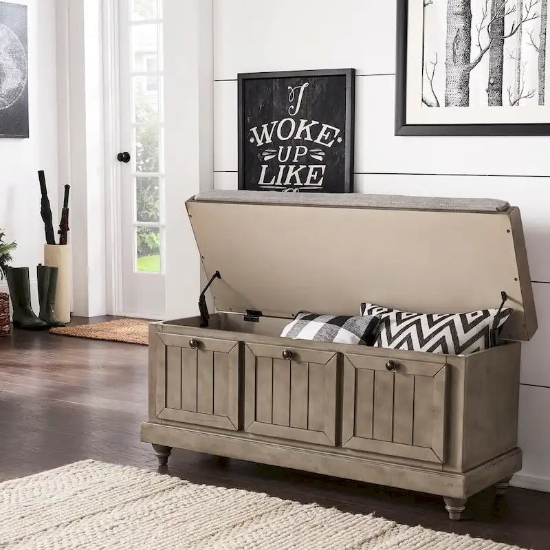 Rustic Storage Bench with Linen-Like Seat Cushion