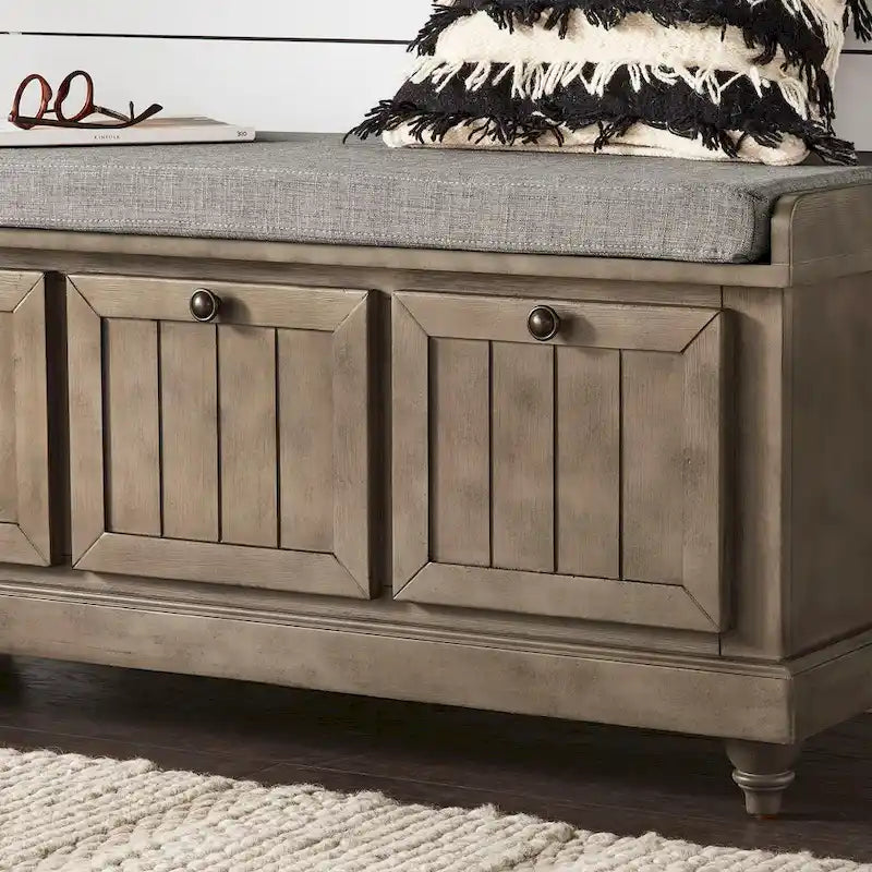 Rustic Storage Bench with Linen-Like Seat Cushion