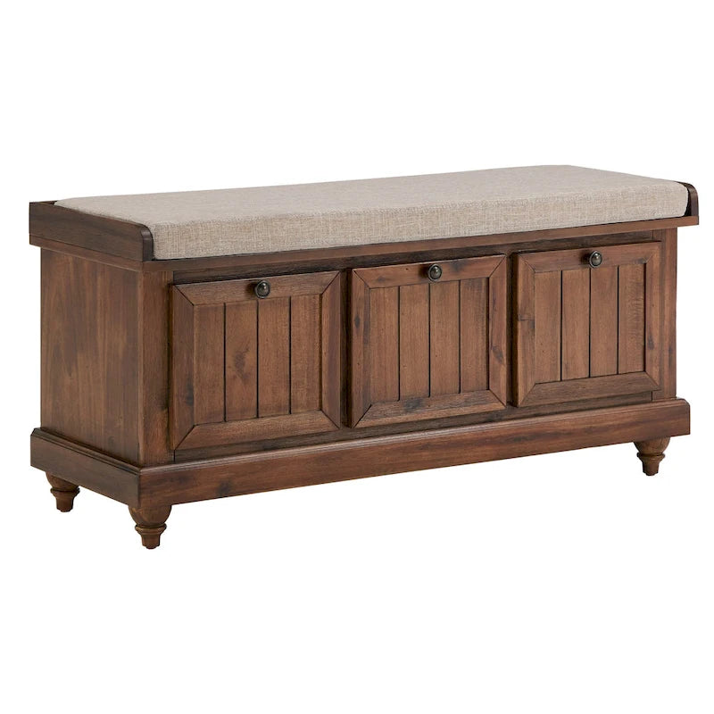 Rustic Storage Bench with Linen-Like Seat Cushion