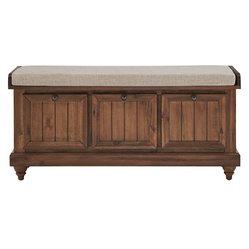 Rustic Storage Bench with Linen-Like Seat Cushion