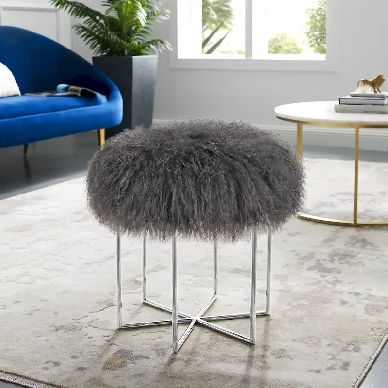 Real Sheepskin Ottoman with Stainless Steel Cross Base
