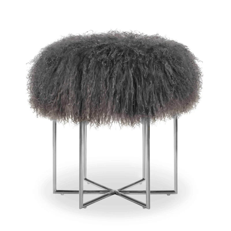 Real Sheepskin Ottoman with Stainless Steel Cross Base