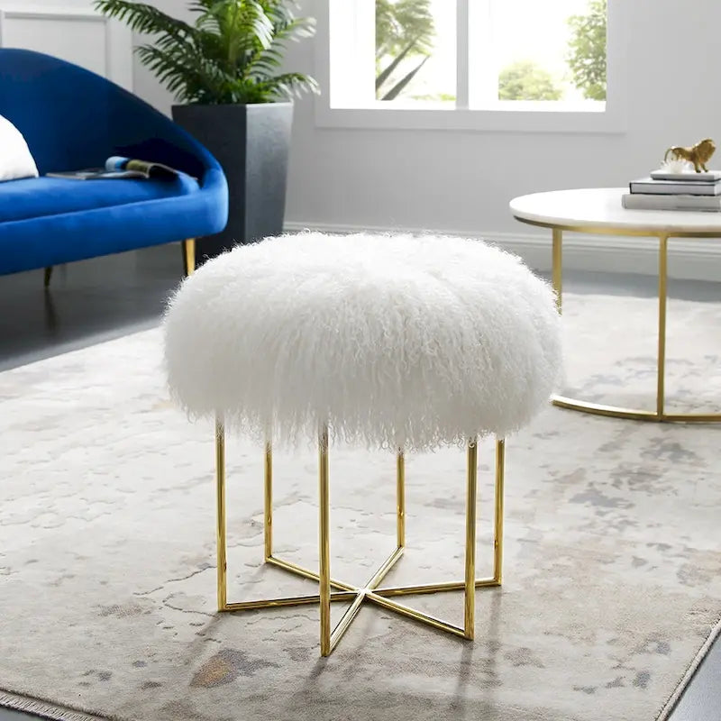 Real Sheepskin Ottoman with Stainless Steel Cross Base