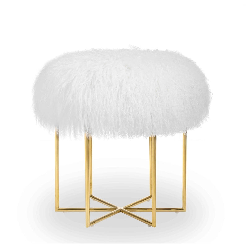 Real Sheepskin Ottoman with Stainless Steel Cross Base