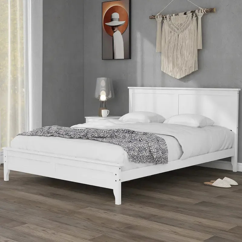 White Queen Platform Bed with Slatted Headboard