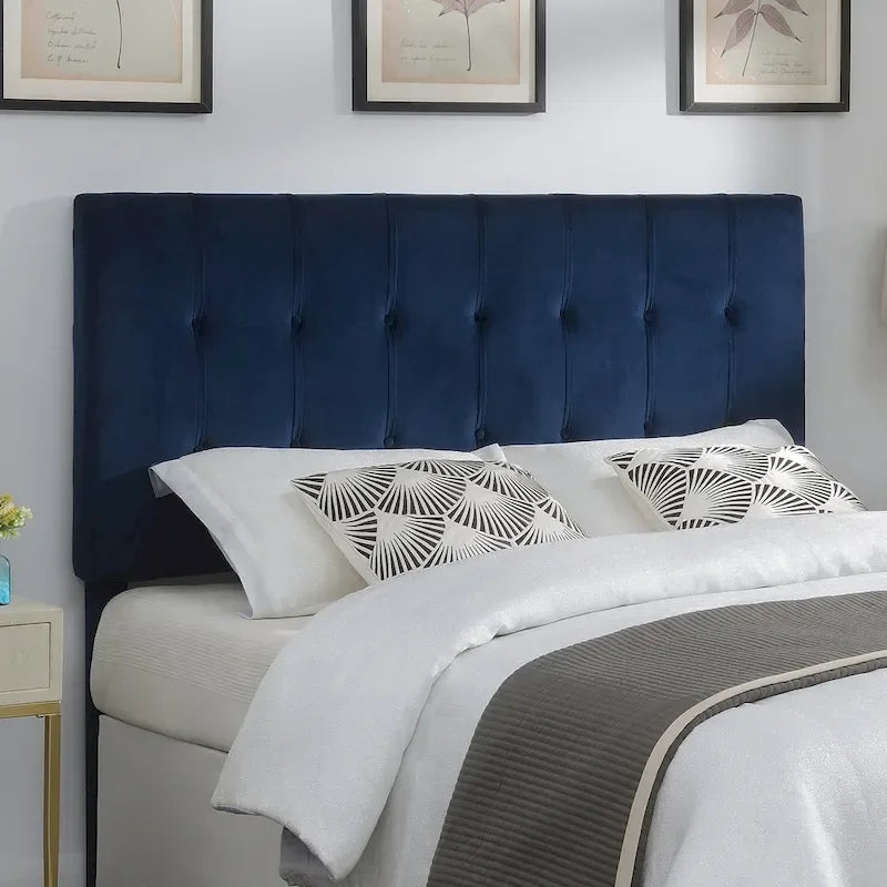 Navy Blue Velvet Upholstered Headboard for Queen or Full Beds