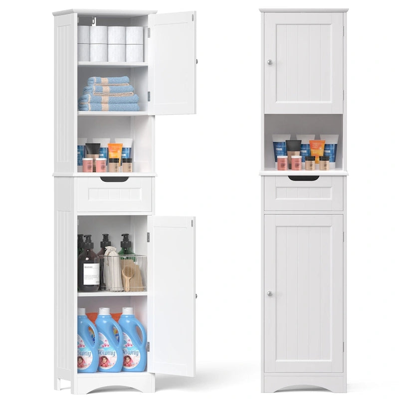 67-Inch Tall Narrow Bathroom Linen Cabinet with Shelves and Drawer