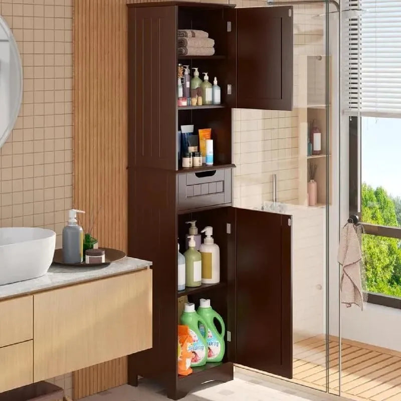 67-Inch Tall Narrow Bathroom Linen Cabinet with Shelves and Drawer