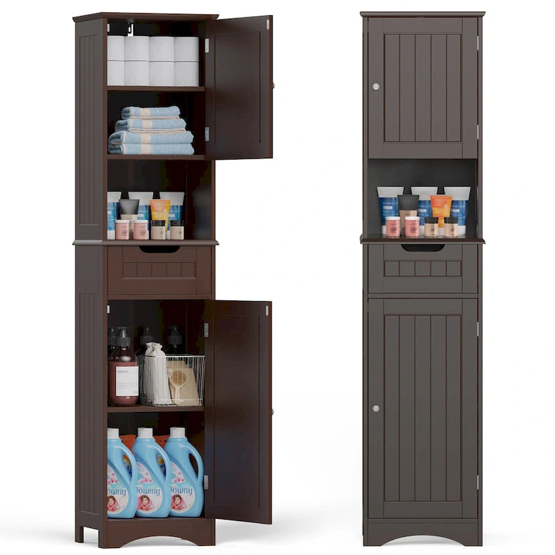 67-Inch Tall Narrow Bathroom Linen Cabinet with Shelves and Drawer