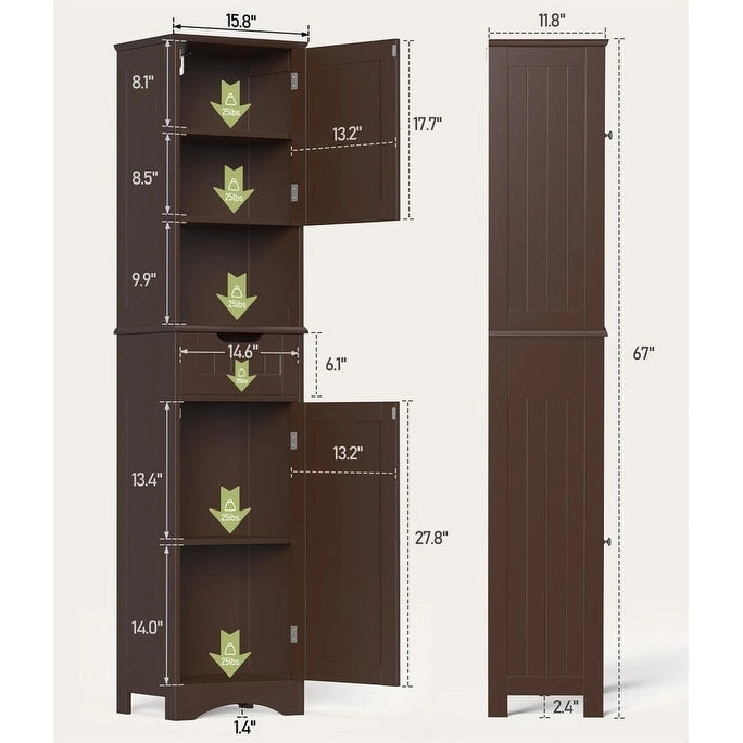 67-Inch Tall Narrow Bathroom Linen Cabinet with Shelves and Drawer