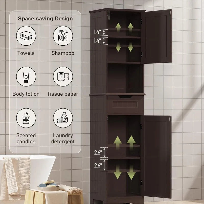 67-Inch Tall Narrow Bathroom Linen Cabinet with Shelves and Drawer