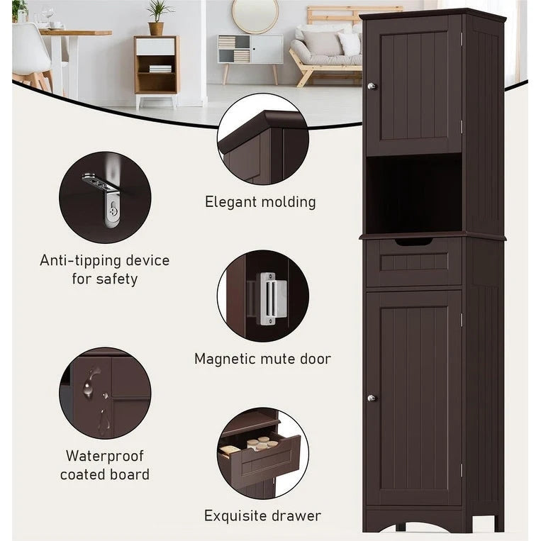 67-Inch Tall Narrow Bathroom Linen Cabinet with Shelves and Drawer