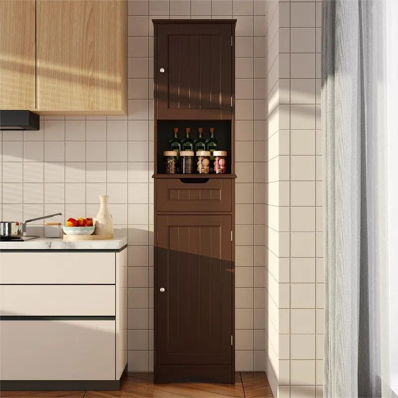 67-Inch Tall Narrow Bathroom Linen Cabinet with Shelves and Drawer