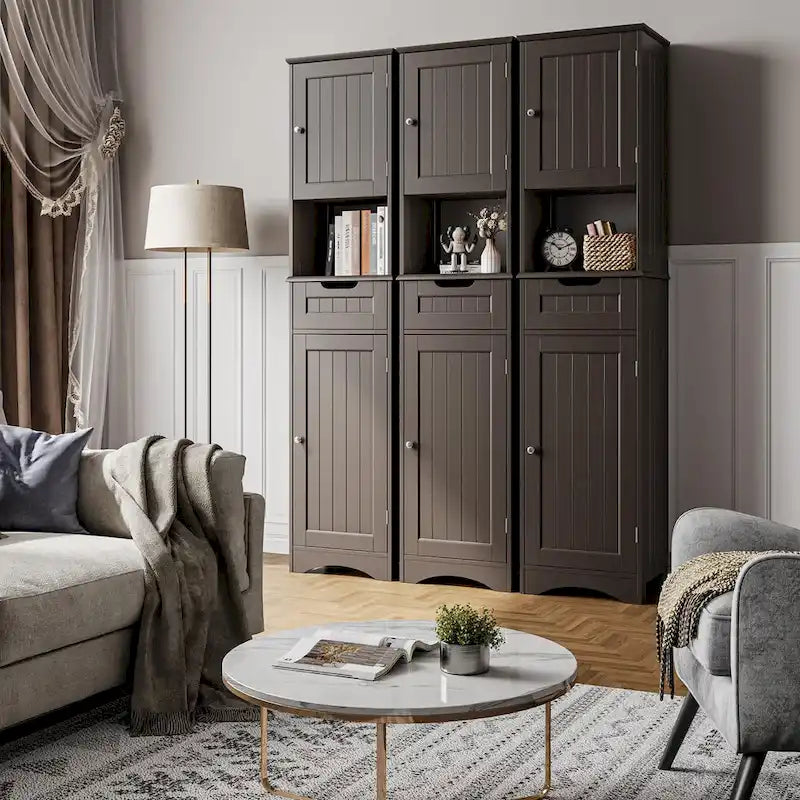 67-Inch Tall Narrow Bathroom Linen Cabinet with Shelves and Drawer