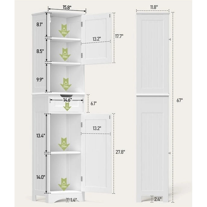 67-Inch Tall Narrow Bathroom Linen Cabinet with Shelves and Drawer