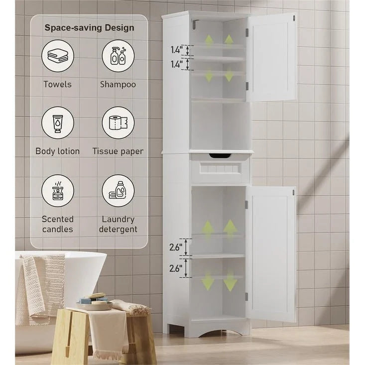 67-Inch Tall Narrow Bathroom Linen Cabinet with Shelves and Drawer