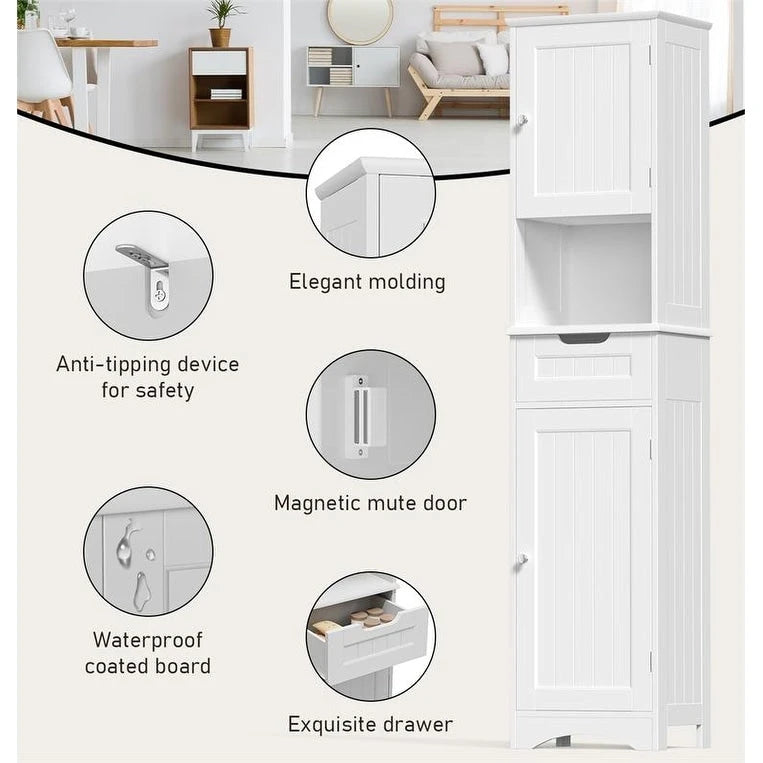 67-Inch Tall Narrow Bathroom Linen Cabinet with Shelves and Drawer