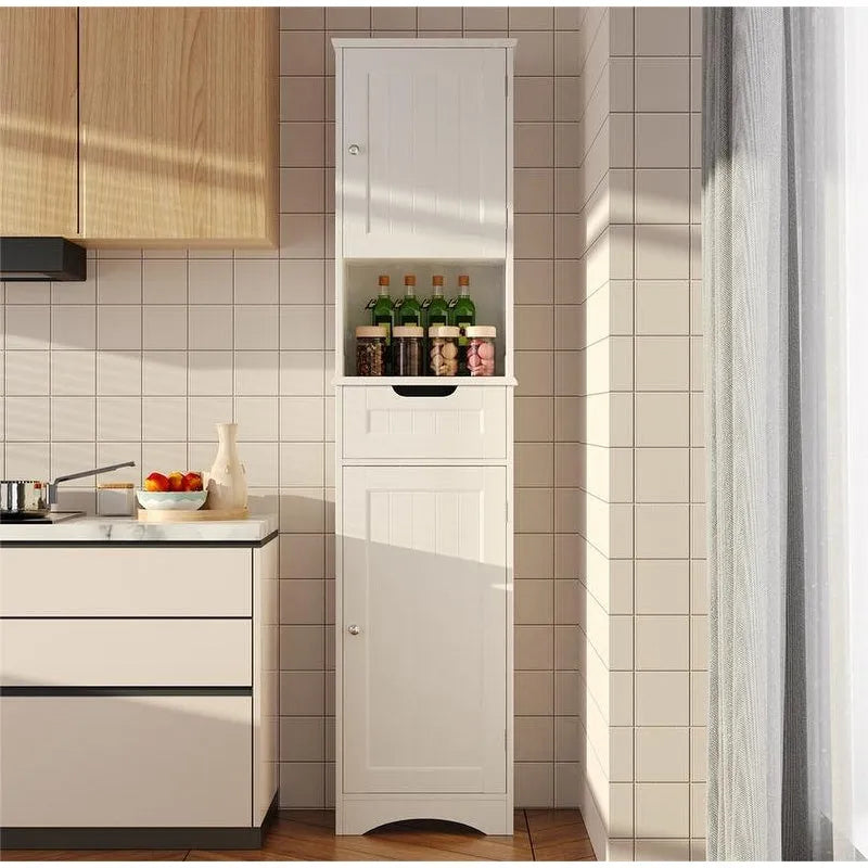 67-Inch Tall Narrow Bathroom Linen Cabinet with Shelves and Drawer