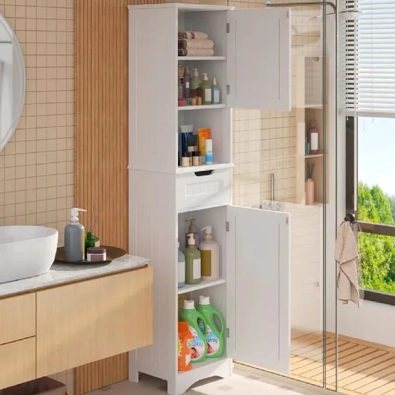 67-Inch Tall Narrow Bathroom Linen Cabinet with Shelves and Drawer