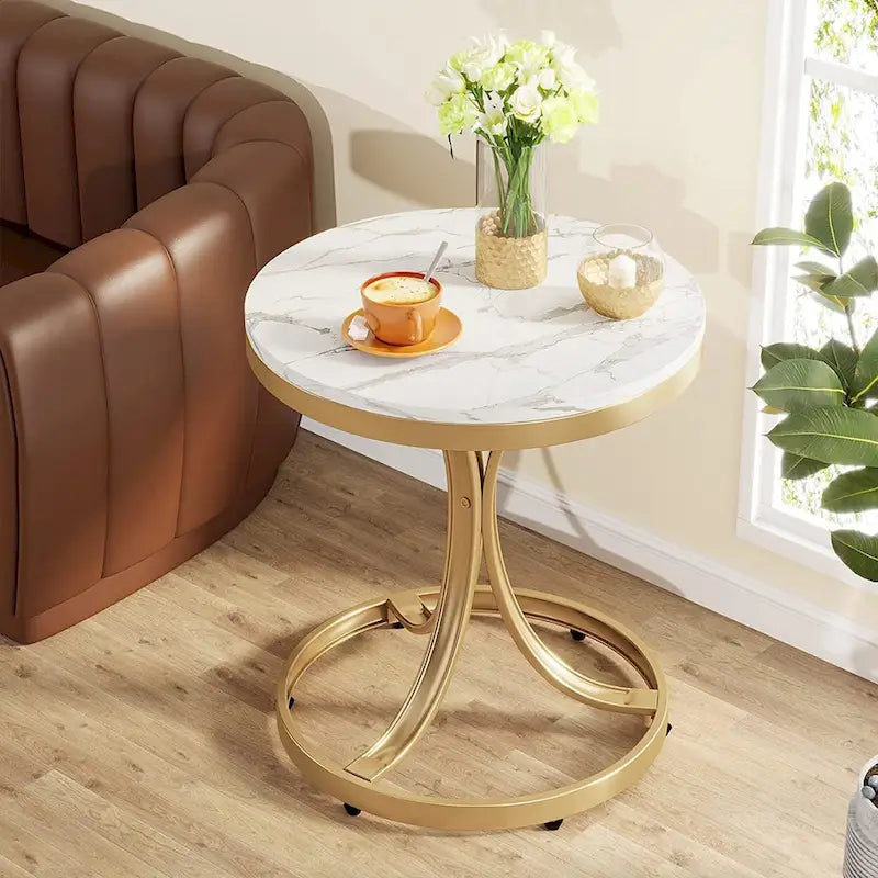 Modern Round Side Table with Faux Marble Top and Gold Legs