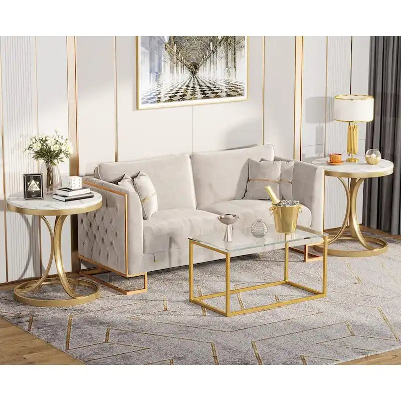 Modern Round Side Table with Faux Marble Top and Gold Legs