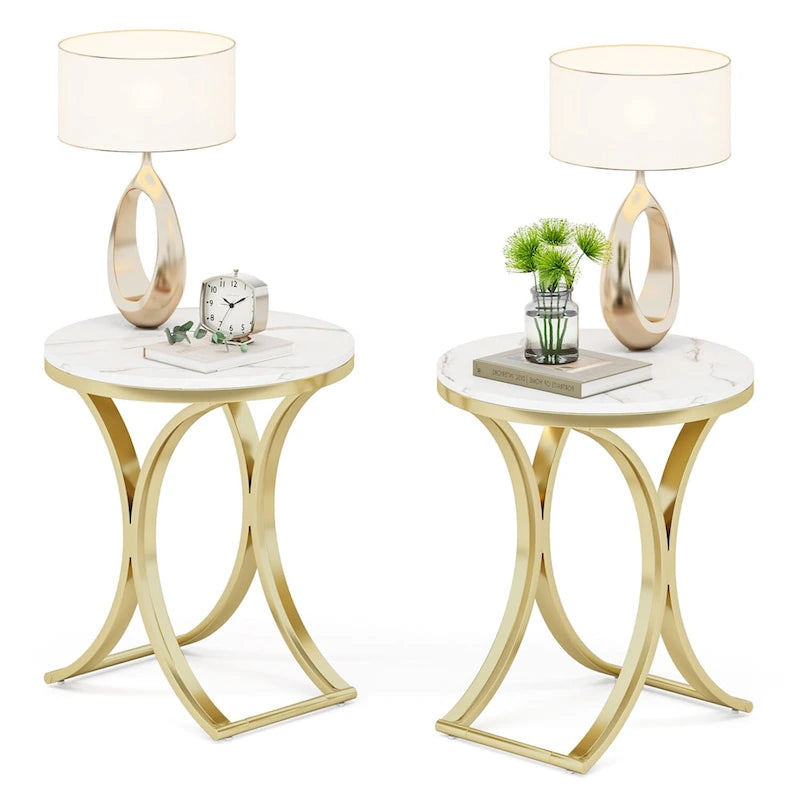 Modern Round Side Table with Faux Marble Top and Gold Legs