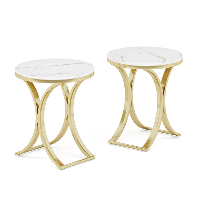Modern Round Side Table with Faux Marble Top and Gold Legs