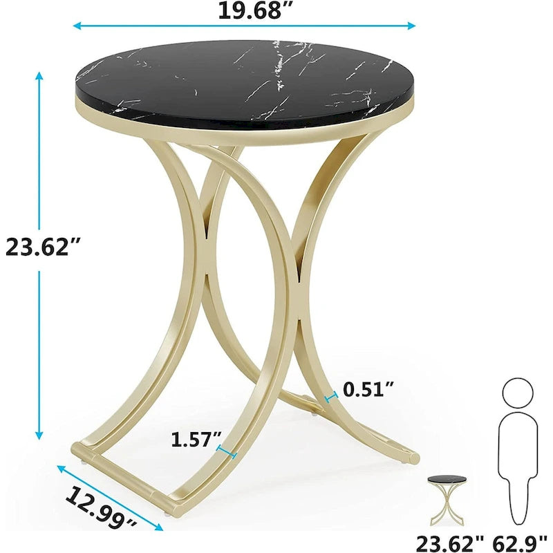Modern Round Side Table with Faux Marble Top and Gold Legs