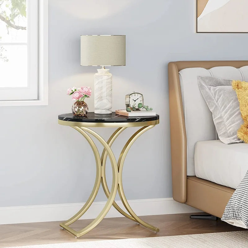 Modern Round Side Table with Faux Marble Top and Gold Legs