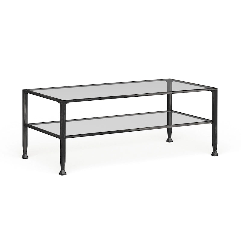 Black Rectangular Metal Coffee Table with Glass Top and Bottom Shelf