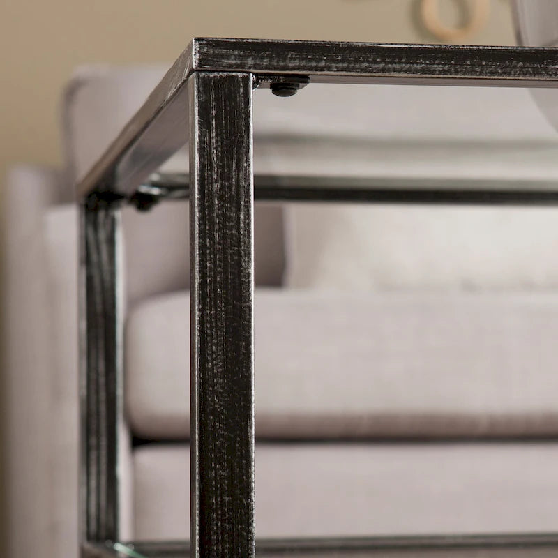 Black Rectangular Metal Coffee Table with Glass Top and Bottom Shelf