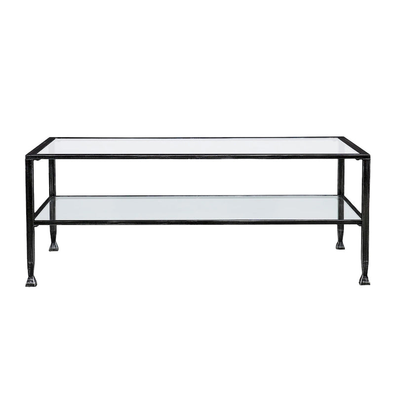 Black Rectangular Metal Coffee Table with Glass Top and Bottom Shelf