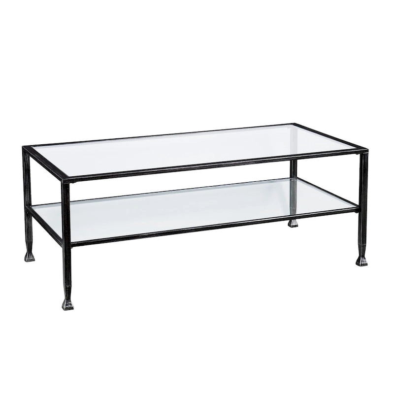 Black Rectangular Metal Coffee Table with Glass Top and Bottom Shelf
