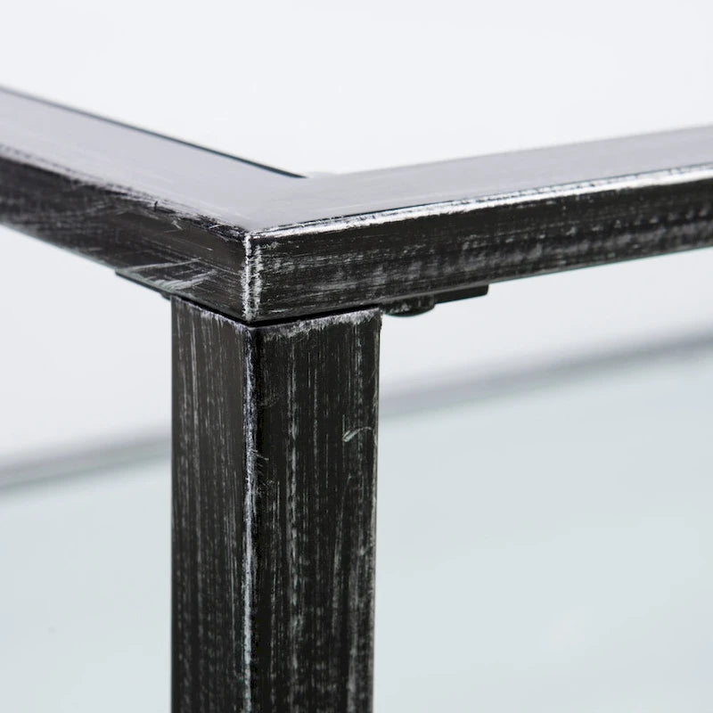 Black Rectangular Metal Coffee Table with Glass Top and Bottom Shelf