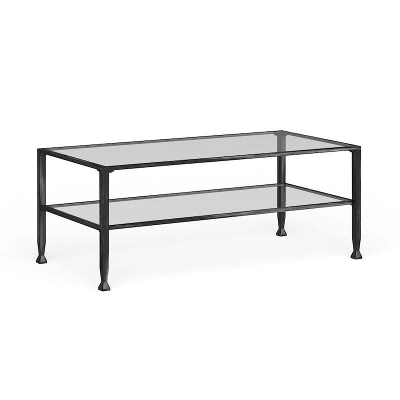 Black Rectangular Metal Coffee Table with Glass Top and Bottom Shelf