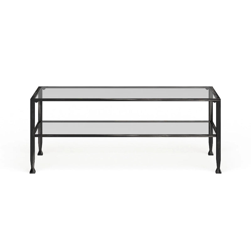 Black Rectangular Metal Coffee Table with Glass Top and Bottom Shelf