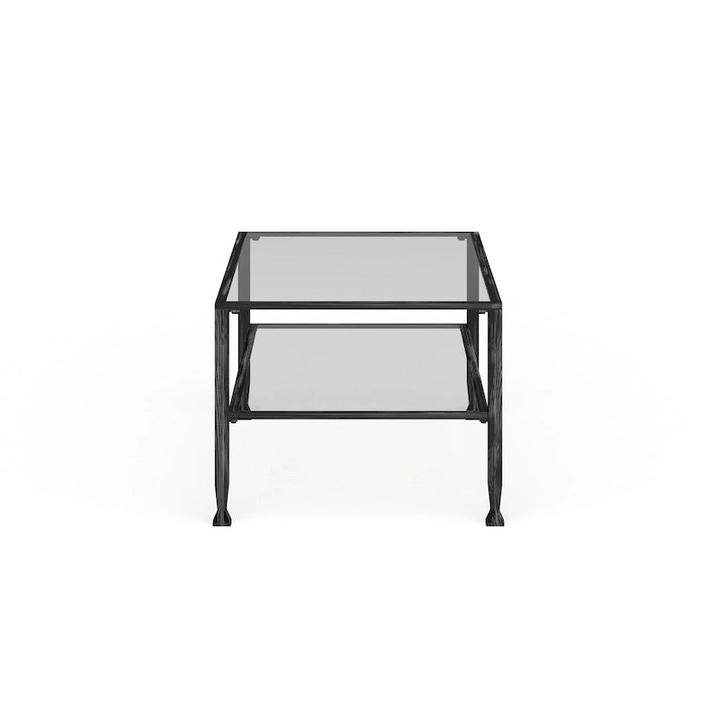 Black Rectangular Metal Coffee Table with Glass Top and Bottom Shelf
