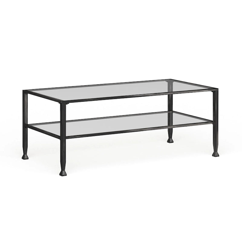 Black Rectangular Metal Coffee Table with Glass Top and Bottom Shelf